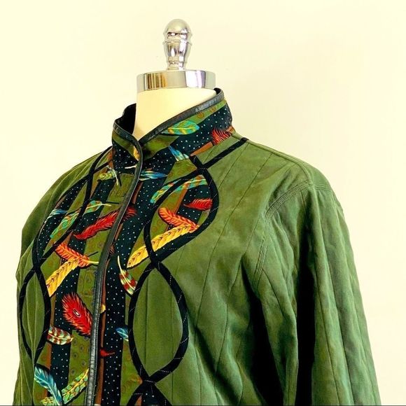 Jackets & Blazers - Wearable art reversible feathers green coat sz 18